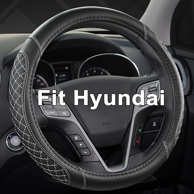 West Llama Customized Auto Car Steering Wheel Cover for Hyundai,Tucson,Sonata,Elantra,Santa Fe,Genesis,Sonata Hybrid,Azera,Venue,Kona, 14.5-15 inches(Diamond Quilted-Black+Gray-Standard Size)