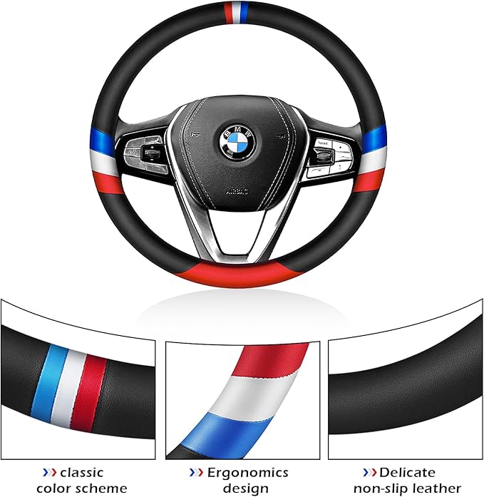 Nappa Leather Car Steering Wheel Cove Sports Protector Non-Slip Leather Steering Wheel 15 Inch Universal Red, White, Blue, Black