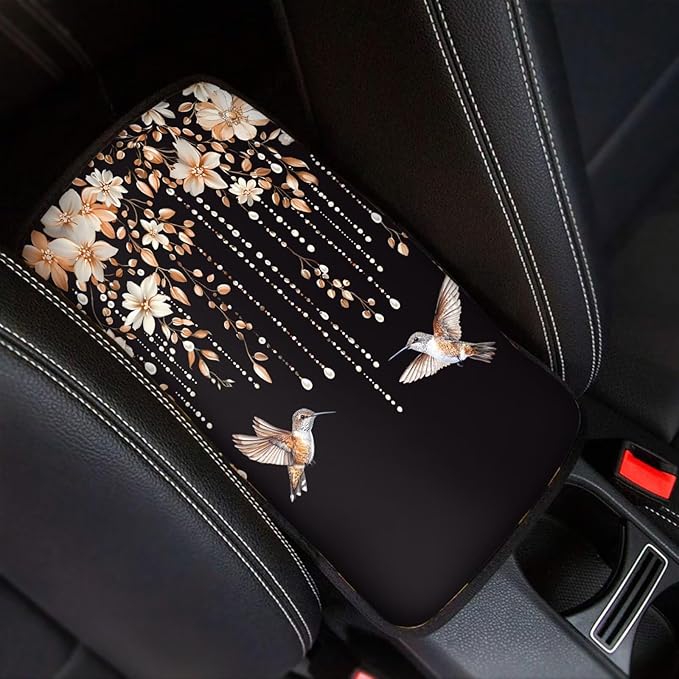 Orange Cherry Blossom Hummingbird Print Auto Center Console Cover Arm Rest Cover for SUV Truck,Soft Car Arm Rest Cover Universal Fit