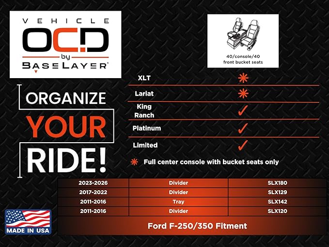 Vehicle OCD - Center Console Organizer Tray for Ford F250 / F350 SuperDuty (2011-2016) - Made in USA - SLX142