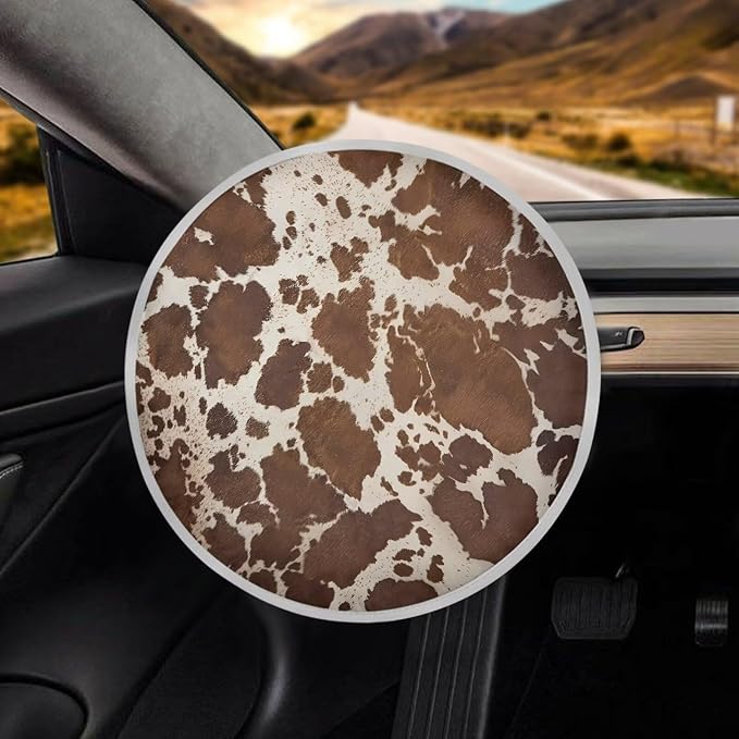 Retro Brown Cow Pattern Dustproof Steering Wheel Sun Shade Steering Wheel UV Reflector Shade Cover Vehicle Accessories for Women Men Universal Fit SUV Truck Car Van