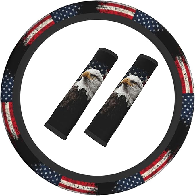 American Flag Steering Wheel Cover Elastic Non-Slip Car Steering Wheel Covers with Seat Belt Shoulder Pad for Women Men