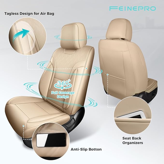 FEINEPRO Beige Car Seat Covers Only Front 2pc - Breathable Faux Leather Universal Seat Covers for Cars, Automotive Protector Fit for Most Sedan SUV Pick-up Truck