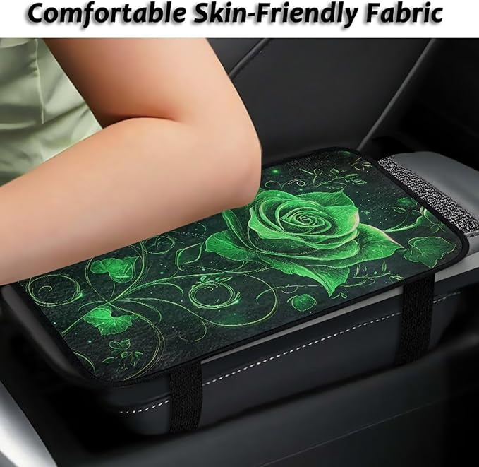 Bulopur Green Rose Car Center Console Cover Thickened Arm Rest Cover Car Flannel Easy to Install Car Interior Automotive Universal Size Fit for Most Cars SUVs Trucks Vans