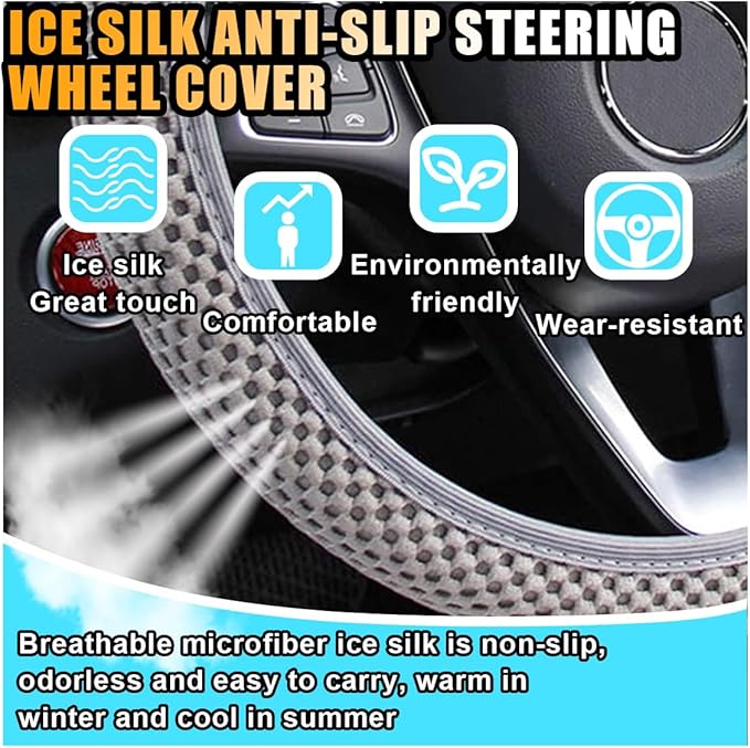 Stretch Elastic Steering Wheel Cover, All-Season Comfort, Warm in Winter & Cool in Summer, Universal 15 Inch Microfiber Breathable Ice Silk, Anti-Slip, Odorless, Easy Carry, Fit Car, SUV (Grey)