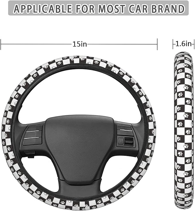 FeHuew Cute Dog Cat Paws Plaid Steering Wheel Cover for Women, Girls 15 inch Universal Auto Car Anti Slip Wrap Steering Wheel Covers Fit for Vehicles, Truck, SUV