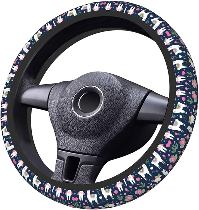 Alpaca-Llama Flower Universal Fit Steering Wheel Cover for Car, Truck, and SUV, Durable Steering Wheel Protection