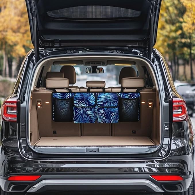 Car Trunk Organizer & Backseat Hanging Organizer with 2 Large Storage Bag & 2 Mesh Pockets,Trunk and Backseat Storage Bag for SUVs & RVs,37.01x11.81 inch,Navy Blue Palm Leaf