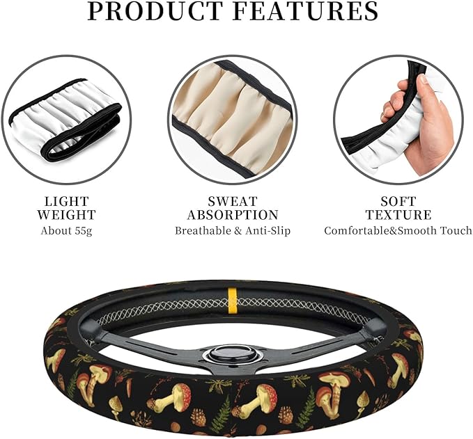 Mushroom nut Neoprene Steering Wheel Cover for Men Women Anti-Slip Elastic Steering Wheel Protective Cover 15in Universal Car Accessories Fit Cars, SUVs, Auto