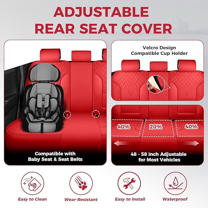 FEINEPRO Red Car Seat Covers Full Set - Breathable Faux Leather Universal 5 Seat Covers for Cars, Automotive Protector Fit for Most Sedan SUV Pick-up Truck
