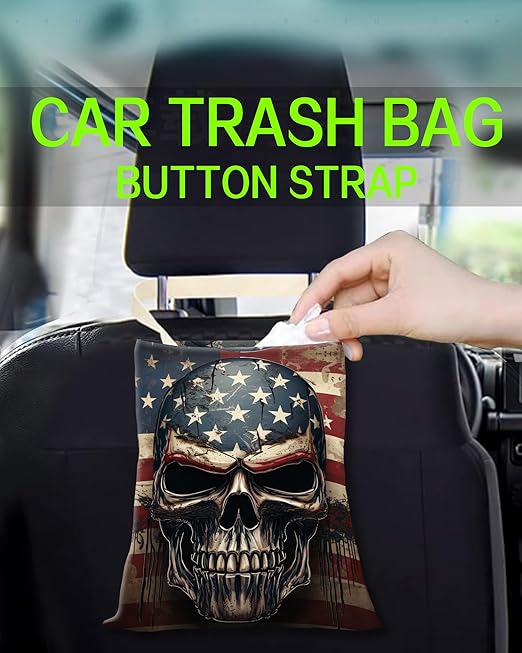 ANKVRP Car Trash Can, Durable Hanging Car Trash Garbage Bag, Cute Automotive Garbage Cans Organizer, American Flag Skull Print