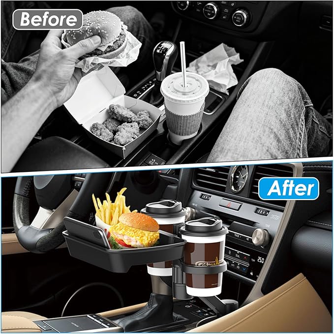 Biupky Car Cup Holder Expander, 4-in-1 Universal Cup Holder Tray Compatible with 2.6" to 3.94", Multi Cup Holders Table with Large Food Tray Phone Mount, for Travel Auto Trucker Road Trip Essentials