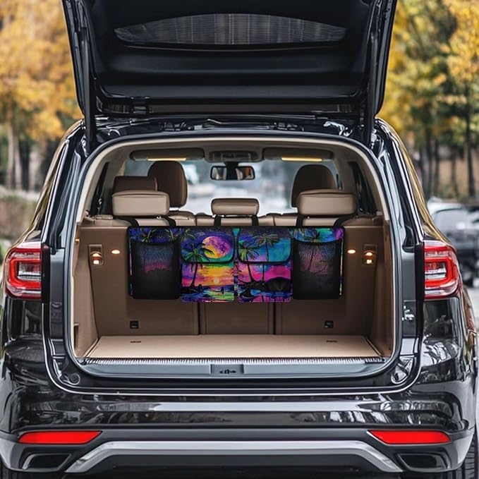 Car Trunk Organizer Tropical Beach Galaxy Backseat Hanging Organizer with Pockets, Super Capacity Storage Solution Decoration for SUVs, Trucks, Vans, and Cars