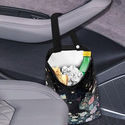 Cat Floral Car Trash Can, Hanging Car Trash Bag, Foldable Garbage Can for Front Back Seat, Multi-Functional Rubbish Bag Storage Pocket, Interior Car Accessories