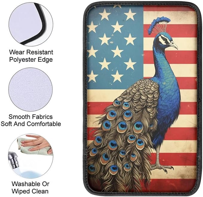 Car Center Console Pad, Universal Waterproof Car Armrest Seat Box Cover, Car Interior Accessories for Most Vehicle SUV Truck Vintage American Flag Peacock Car Armrest Pad
