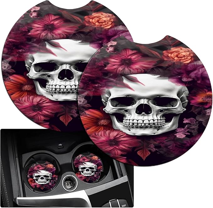 JANENFNA Car Armrest Cover Pads Universal Fashion Cute Auto Center Console Armrest Cover Pad with 2PCS Car Coasters Soft Waterproof Car Armrest Seat Protector for Women,Skull Red Flowers