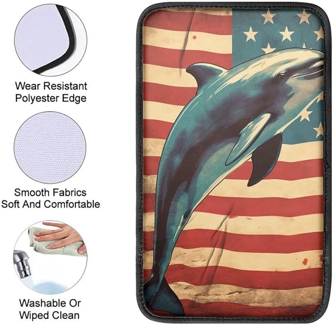 Car Center Console Pad, Universal Waterproof Car Armrest Seat Box Cover, Car Interior Accessories for Most Vehicle SUV Truck Vintage American Flag Dolphin Car Armrest Pad