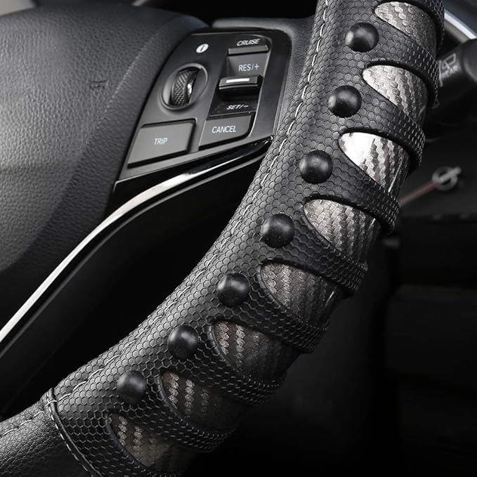 West Llama Microfiber Leather Car Steering Wheel Cover for Men Women,Universal Fit 14.5-15 inch(Leather Nails-Gray+Black-Standard Size)