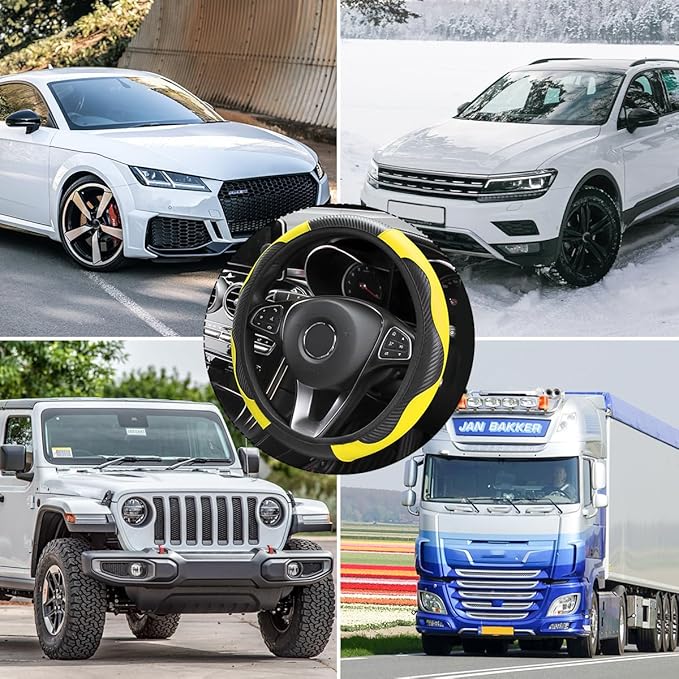 Car Steering Wheel Cover, 15 inch Carbon Fiber Microfiber PU Leather Elastic Steering Wheel Protector for Men Women, Anti-Slip Breathable Car Interior Accessories for Most Cars (Yellow)