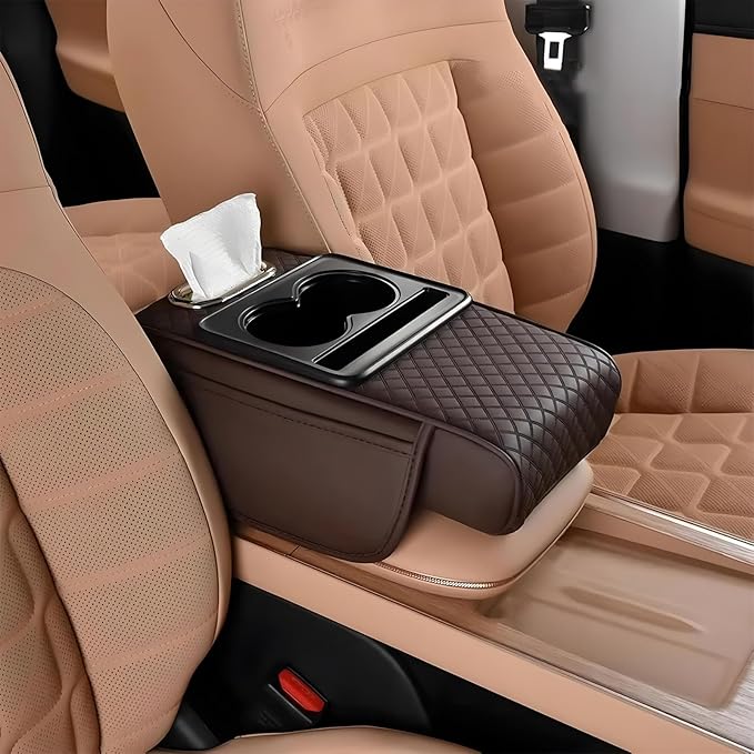 Multifunctional Pu Leather Car Armrest Box Mat With Cup Holders, Universal Armrest Box Pad, With Side Pockets, Easy To Clean Interior Organizer Waterproof For Cars, Trucks, Suvs (Embossed, Coffee)