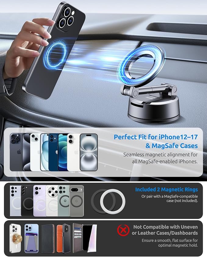 ZIDARO Vacuum Magnetic Car Phone Holder, 360°Adjustable, Compatible with iPhone 12-17 Series & Dashboard Mount & Tesla, 80+LBS Strong Suction Cup Phone Holders for Your Car, MagSafe-Compatible (Blue)