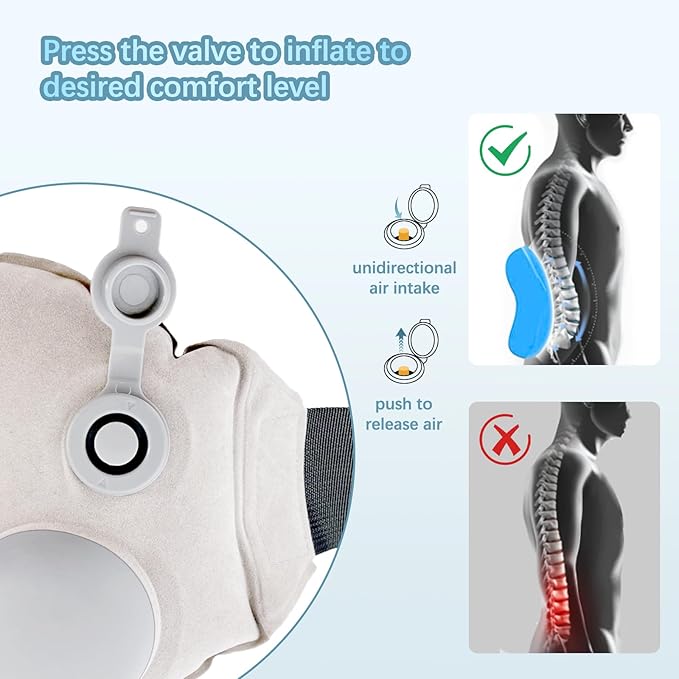 JIPORIER Inflatable Seat Cushion Pillow for Airplane Travel Lumbar Support Pillow for Office Chair/Car Seat Dual-Zone Adjustable Back Support for Reducing Lower Back Pain