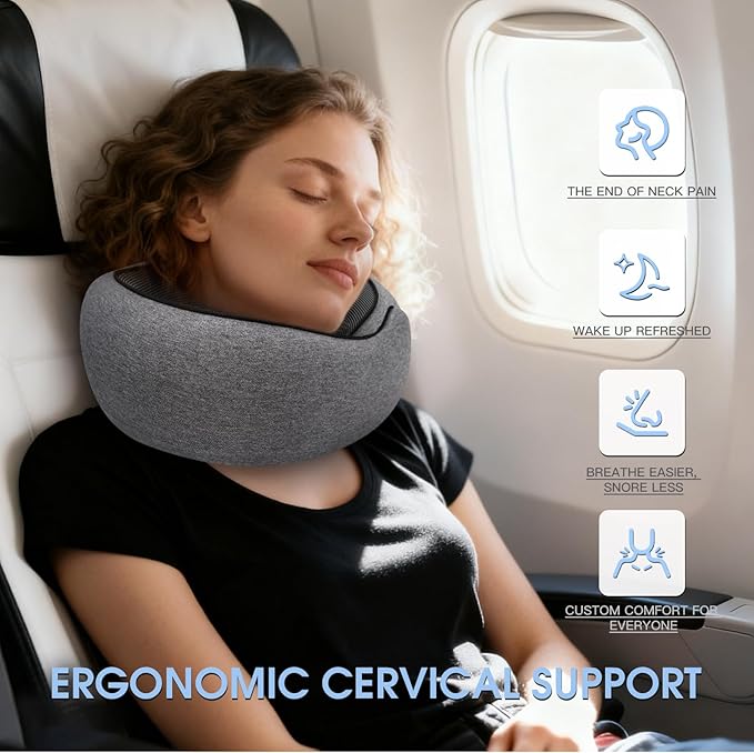 Dujuanus Neck Travel Pillows for Airplanes Memory Foam Neck Comfort Pillow Compact Ergonomic Design Sleeping Essentials for Long Flights Car Rides and Home Use (Grey)