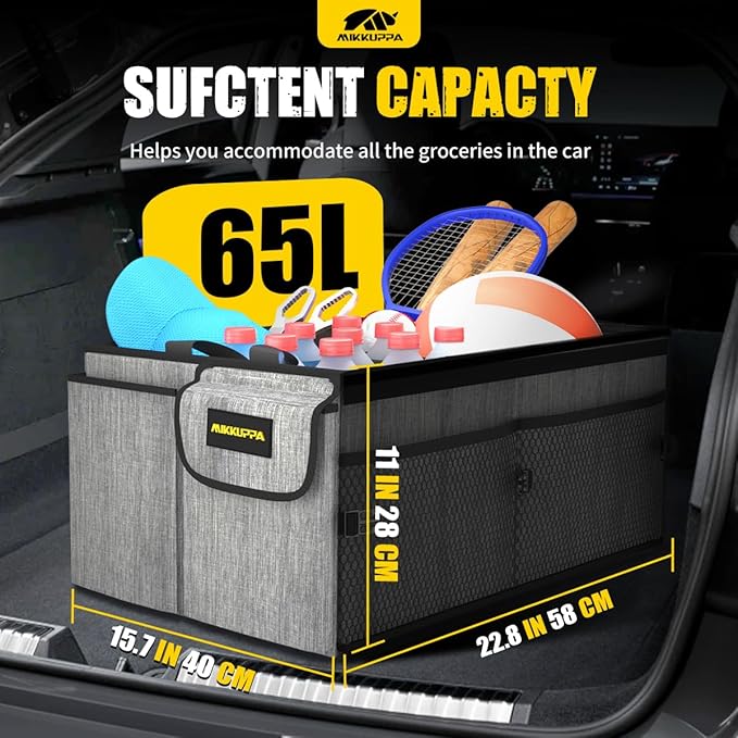 MIKKUPPA Car Trunk Organizer with Cooler - 65L Collapsible Trunk Organizer with Lid, Sturdy Car Storage for SUV Auto Truck Van with Adjustable Straps and Non Slip Bottom (Gray)
