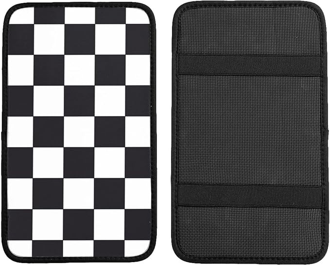 THOEWONG Black White Race Checkered Flag Calibration Chess Grid Auto Center Console Cover Pad Car Armrest Seat Box Cover Cushion Universal for Most Vehicle SUV Truck Car Accessories Decor