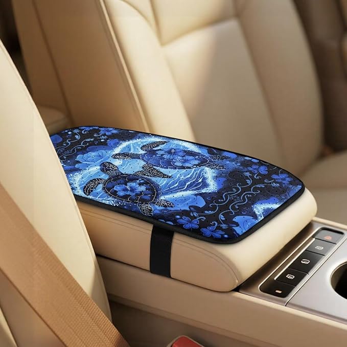 Qeluxign 5 Pieces Car Seat Cover Full Set, Sea Turtle Floral Seat Covers Car Seatbelt Pads Vehicle Center Console Armrest Cover Pad for Truck SUV Sedan Automotive Interior Decoration Accessorie