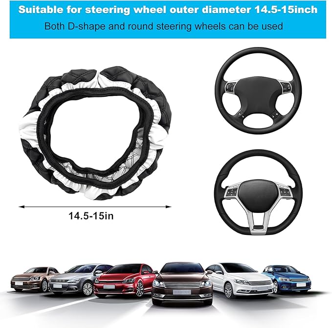 Car Steering Wheel Cover, 15 Inches Non-Slip Leather Car Steering Wheel Protector, Universal Steering Wheel Soft Cover Mats for Car Truck SUV, Interior Car Accessories (White)