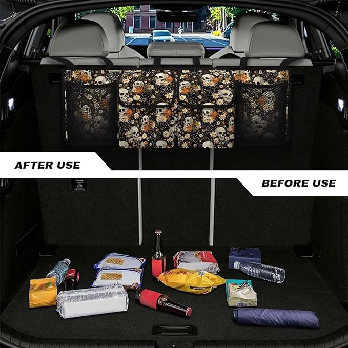 Skull Car Trunk Organizer and Storage, Flower Car Accessories for Women Large Capacity Space-Saving Back Seat Car Organizer for SUV/MPV/Truck/Sedan, It Easy to Find Things