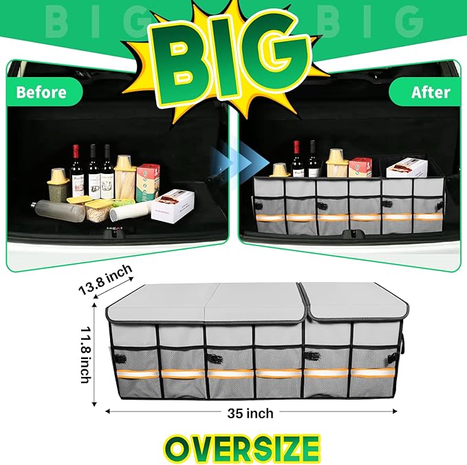 LI LIBZAKI Big Car Trunk Organizer, Cargo Organizer SUV Trunk Storage Non Slip Bottom Waterproof Collapsible Durable Multi Compartments-(Oversize,Gray)