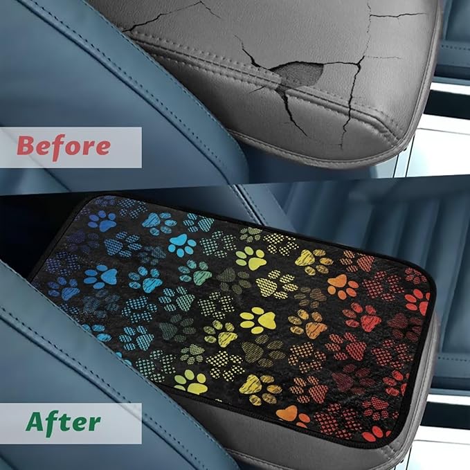 Bulopur Colorful Dog Paw Prints Auto Armrest Console Car Accessories Car Center Console Cover Easy to Install Armrest Console Cover Flannel Thickened Fit for Most Cars, Vehicles, SUVs