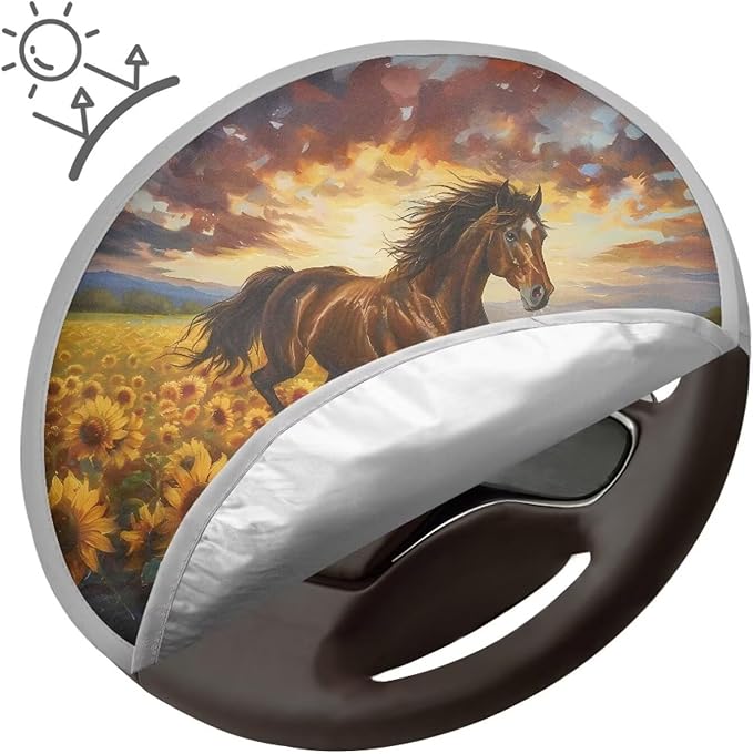 Steering Wheel Sun Shade Fit Most Car Truck SUV Van Block UV Rays Vehicle Steering Wheel Protector Interior Accessories, Sunset Glow Sunflower Running Horse Pattern