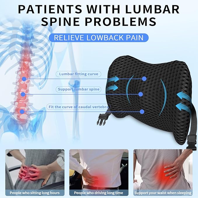 sproerden Lumbar Support Pillow with Adjustable Straps for Lower Back Pain Relief. Memory Foam Lumbar Support Pillow for Car, Bed, Office Chair, Gaming Chair, Recliner, Improves Posture Black