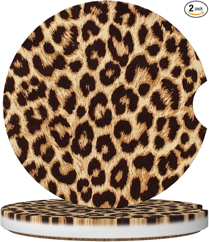 HUWAAI Leopard Print Car Cup Holder Coasters 2 Pack Universal 2.63 Inch Anti Slip Ceramic Absorbent Coaster with Cork Base and Finger Notch Cute Car Accessories Interior for Women