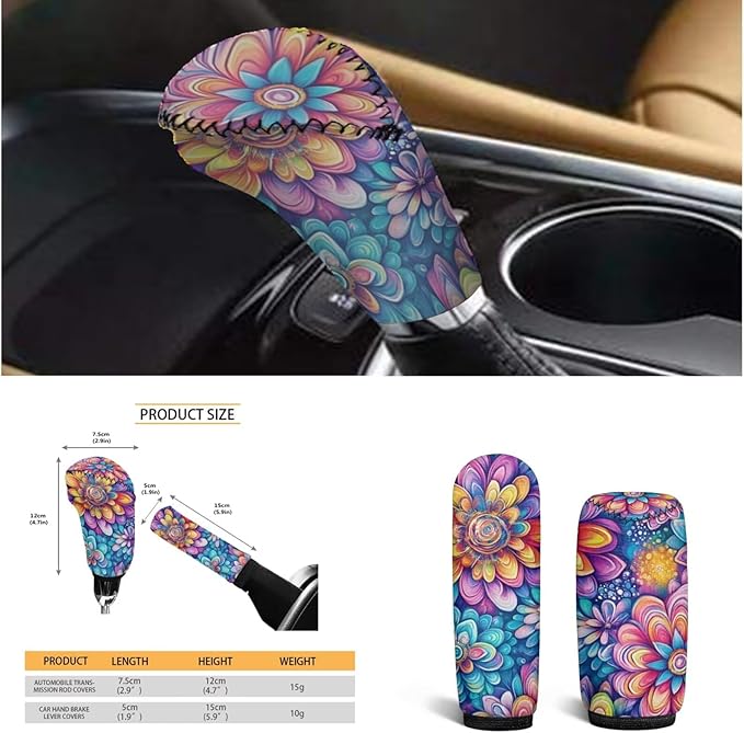 Hippies Car Accessories for Men Women Steering Wheel Cover Blossom Lotus Flower Print Handbrake Gear Cover Armreat Cushion Car Interior Decor Protector Fit for SUV Truck Sedan