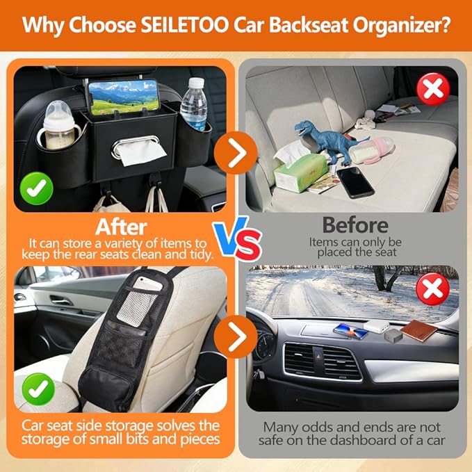 Back Seat Car Organizer with Car Seat Storage Hanging Bag, 4 in 1 Multifunctional Car Seat Back Storage Box, Car Organizer Back Seat with Tray, Hold Phone,Snacks, Drinks, Handbag