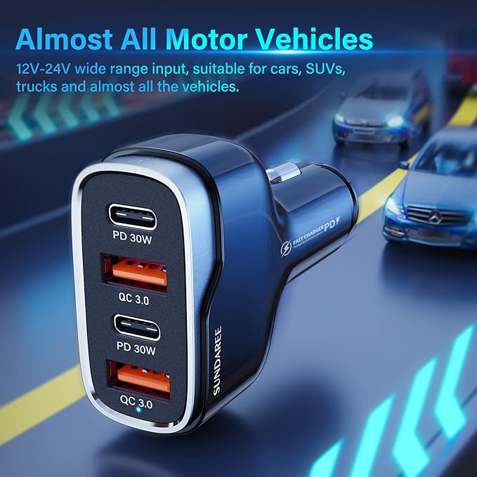 SUNDAREE 4 Ports USB C Fast Car Charger with Plug Outlet, Car Charger Adapter with 3.3FT Cable(USB-A to USB-C), Dual QC 18W & PD 30W Car Phone Charger for iPhone 17/16/15 Pro/Max/SamsungS25 & More