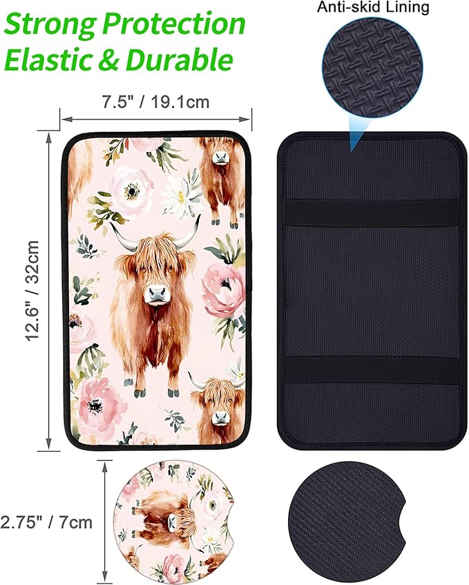 JANENFNA Car Armrest Cover Pads Universal Fashion Cute Auto Center Console Armrest Cover Pad with 2PCS Car Coasters Soft Waterproof Car Armrest Seat Protector for Women,Highland Cow with Flower