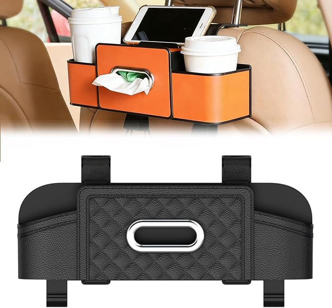 NOSBING Car Organizer And Storage Box, Back Seat Car Organizer, 5 in 1 Multifunctional Car Back Seat Storage Box with Drink Cup Holder Tissue Box, for Hold Phone,Snacks, Drinks, Handbag (Black-B)