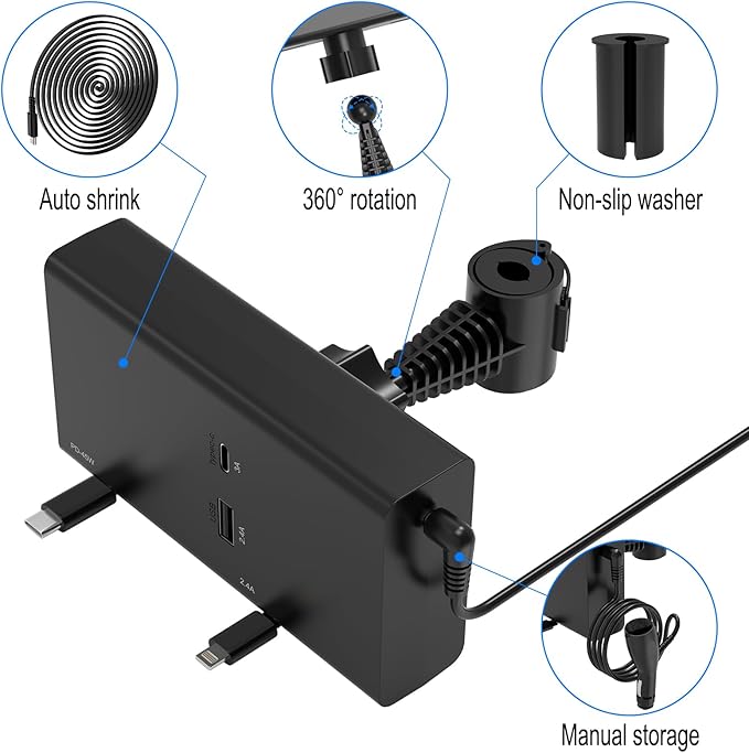 Multi Car Retractable Backseat Car Charger 5 in 1 Car Charging Station Box for iPhone/Samsung, 60W Cigarette Lighter Adapter Uber Taxi Lyft Turo Share Ride Customer Charging Dock Attach to Headrest