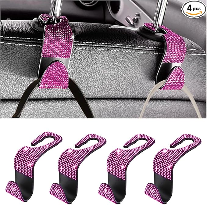 Bling Car Seat Headrest Hooks, 4PCS Crystal Rhinestone Vehicle Back Seat Hanger Holder for Handbags Purses Coats, Automotive Headrest Storage Organizer, Universal for RV SUV Truck (Pink)