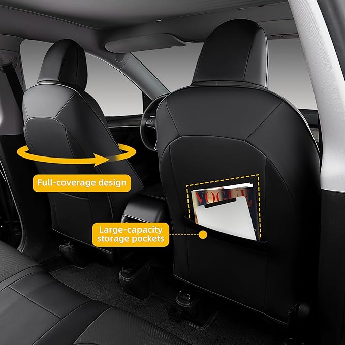 OURPLOT Custom Fit Seat Covers for 2020-2024 Tesla Model Y (5-Seater), Waterproof Nappa Leather, OEM Factory Style Full Set Car Seat Protectors Airbag Compatible - Black