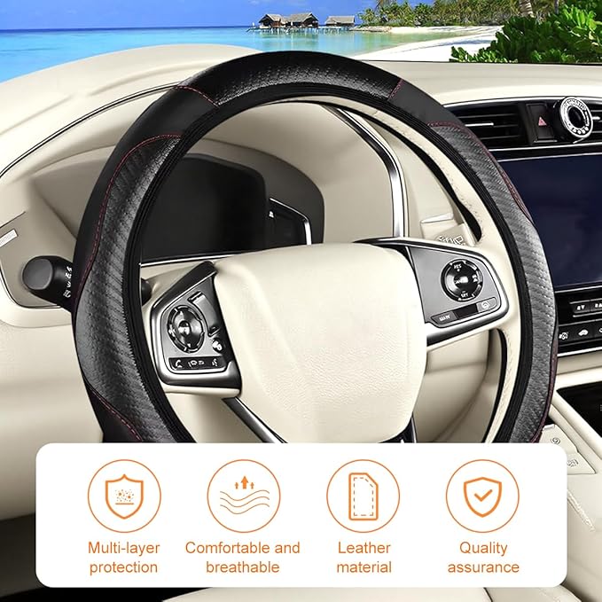 Carbon Fiber Car Steering Wheel Cover, 14.5-15 Inch Elastic Stretch Steering Wheel Guard, Sports Style Non-Slip Automotive Interior Accessories, Universal for Vehicles (Black)