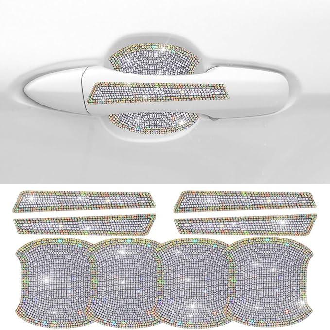 8Pcs Bling Car Door Handle Protector Stickers,Crystal Rhinestone Glitter Car Door Handles Cup Scratch Protectors Decals Universal (Colorful White)