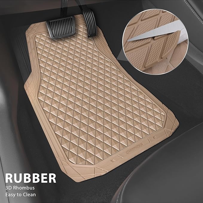 CAR PASS Beige Rubber Car Floor Mats & Cargo Liners, Durable Anti-Slip 3D Rhombus Waterproof Automotive Pad Trim Fit Liner All-Weather Trunk Mats Full Set Universal Fit Auto Van Sedan SUV Truck Beige