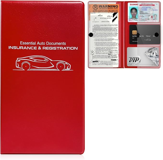 Car Registration and Insurance Holder, 9.56"×5.19" Glove Box Organizer Vehicle Document Holder, Waterproof Essential Driving License Wallet Case for Sedan Truck SUV (Small Car, Red)