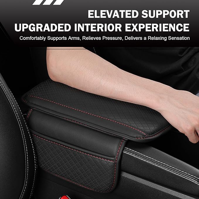Car Center Console Cover, Perforated Leather Armrest Cushion with 2 Storage Bags, Plaid Arm Rest Box Pad, Car Armrest Storage Box Interior Accessories for Most Vehicles (Black)